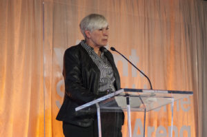 CEO and Chairman of Larry H Miller Group of Companies Gail Miller speaks at the unveiling of Vivint Smart Home Arena's renovation plans.